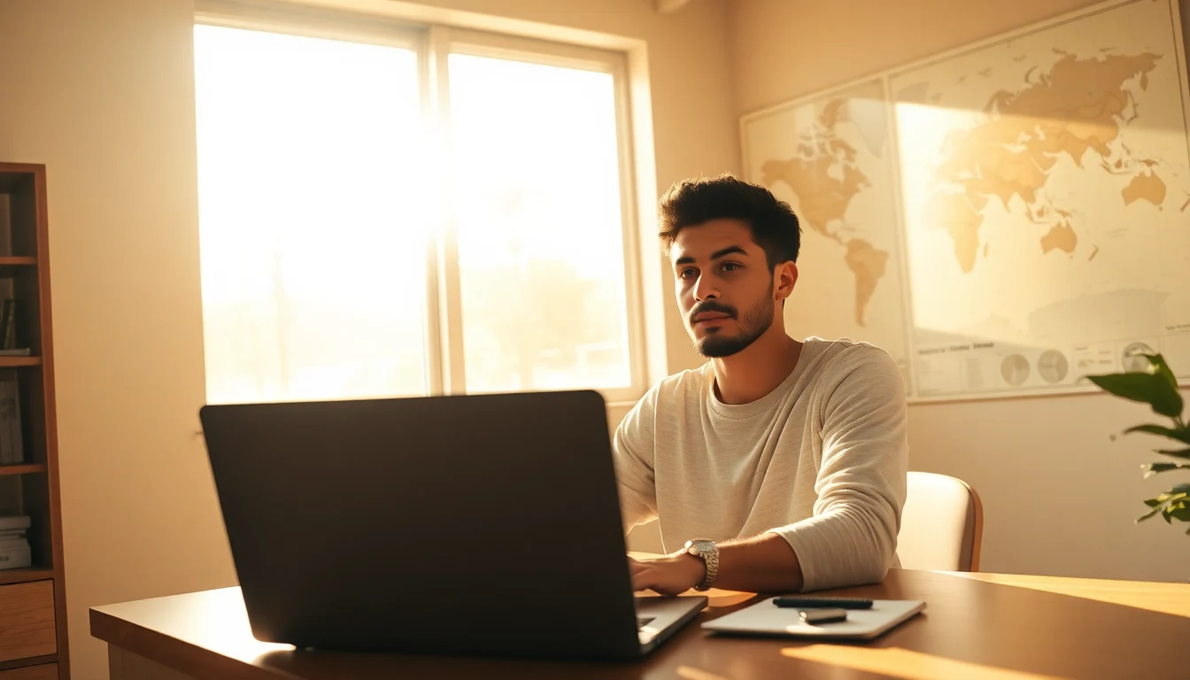 Donor at a sunlit desk with a world map